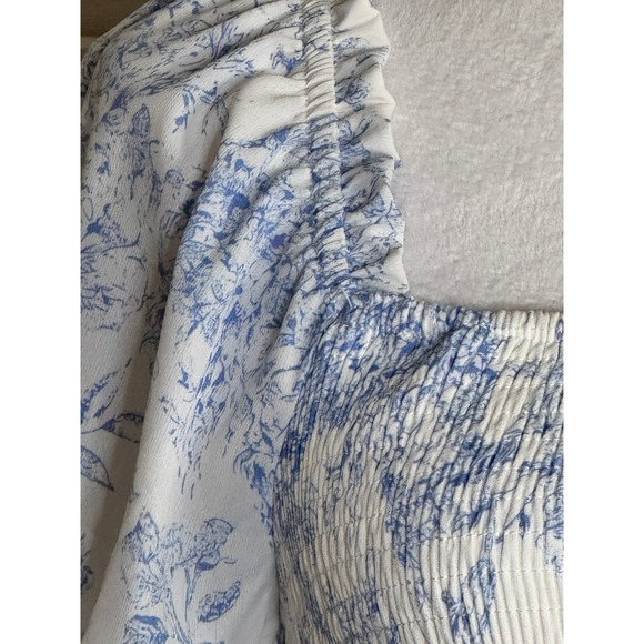 Blue Toile Smocked Maxi Dress Size S Prarie Cottagecore Soft Girl Wedding Guest‎ - Picture 5 of 14